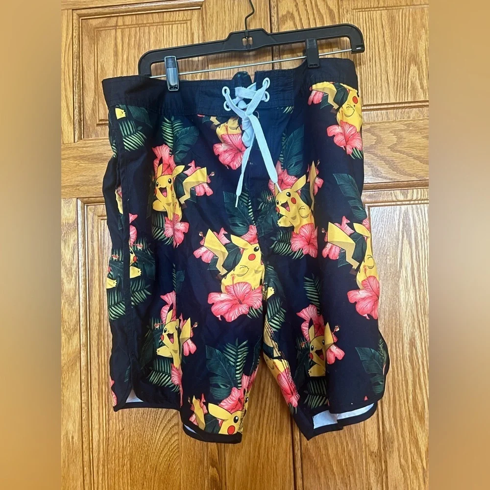 Men’s - Black Floral Pikachu/Pokemon Swim Board Shorts